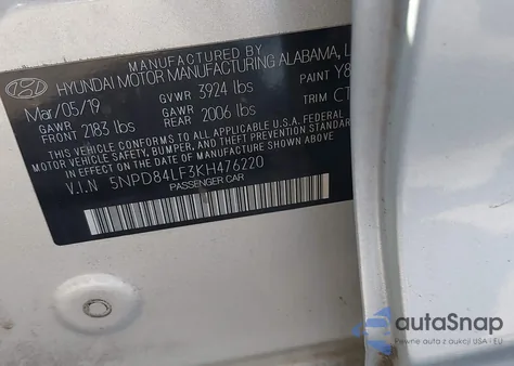 2019 Hyundai Elantra Value Edition z USA, uszkodzony, nr VIN 5NPD84LF3KH476220